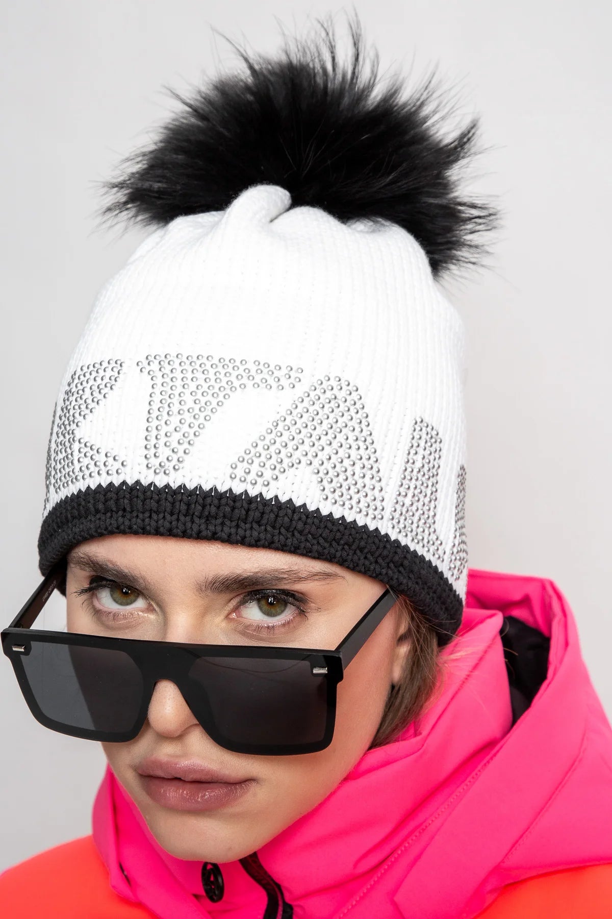 Coarse Knit Hat with Rhinestone Lettering