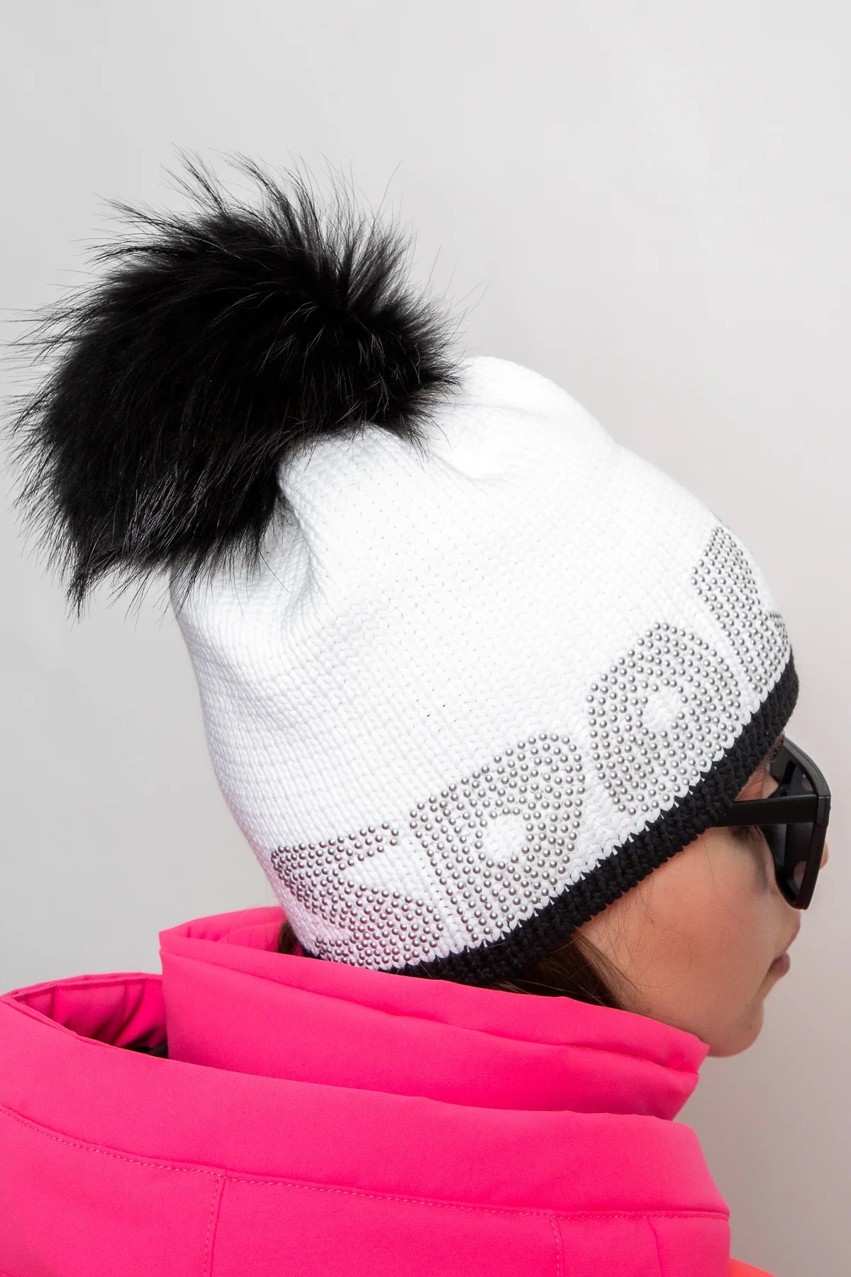 Coarse Knit Hat with Rhinestone Lettering