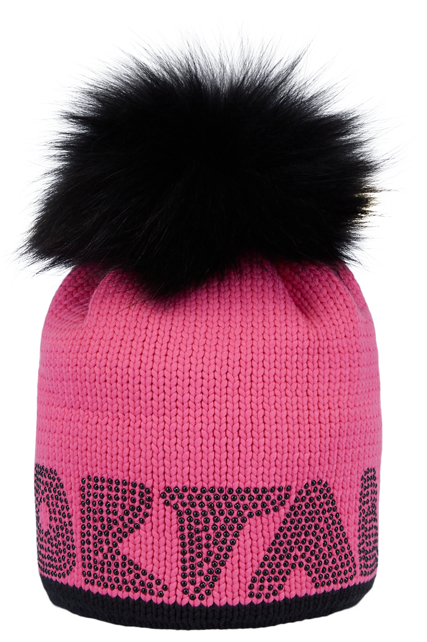 Coarse Knit Hat with Rhinestone Lettering