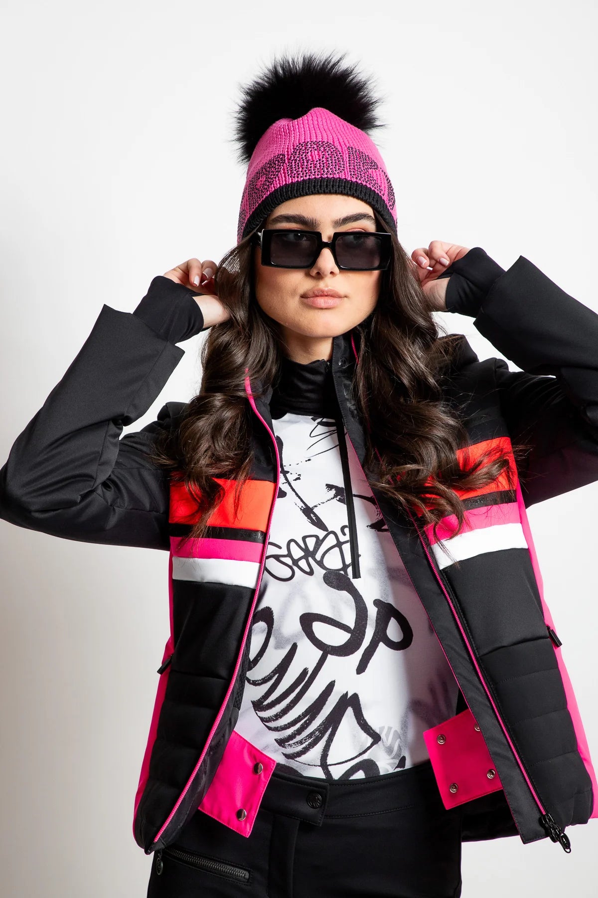 Coarse Knit Hat with Rhinestone Lettering