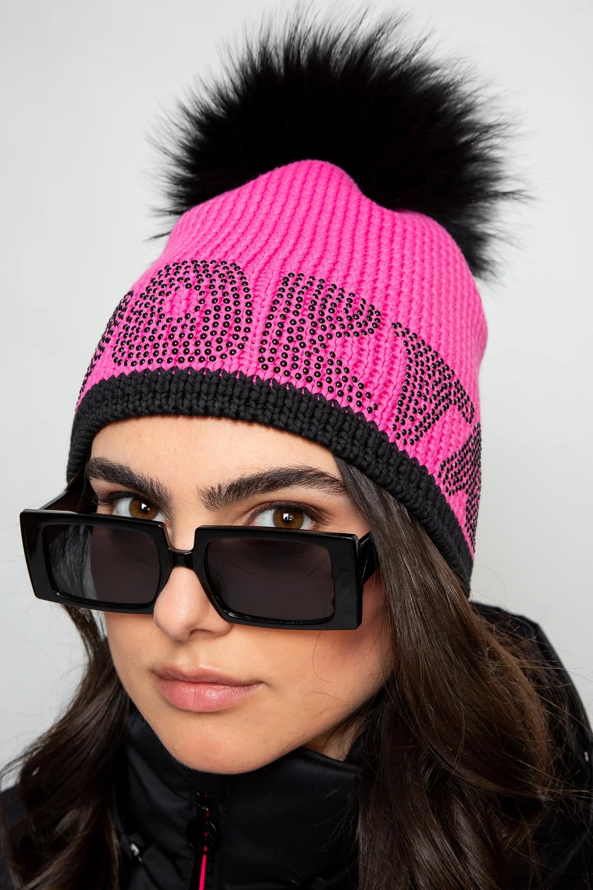 Coarse Knit Hat with Rhinestone Lettering