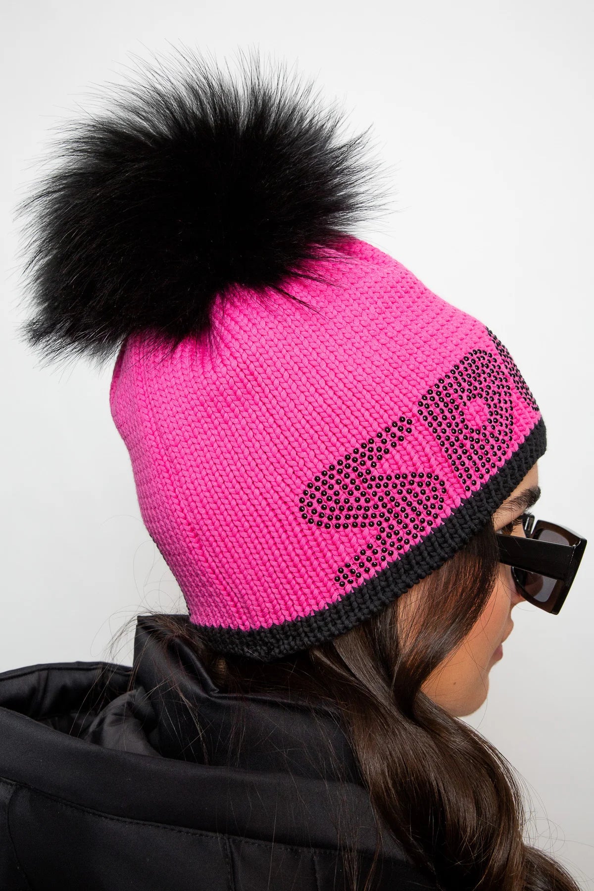 Coarse Knit Hat with Rhinestone Lettering