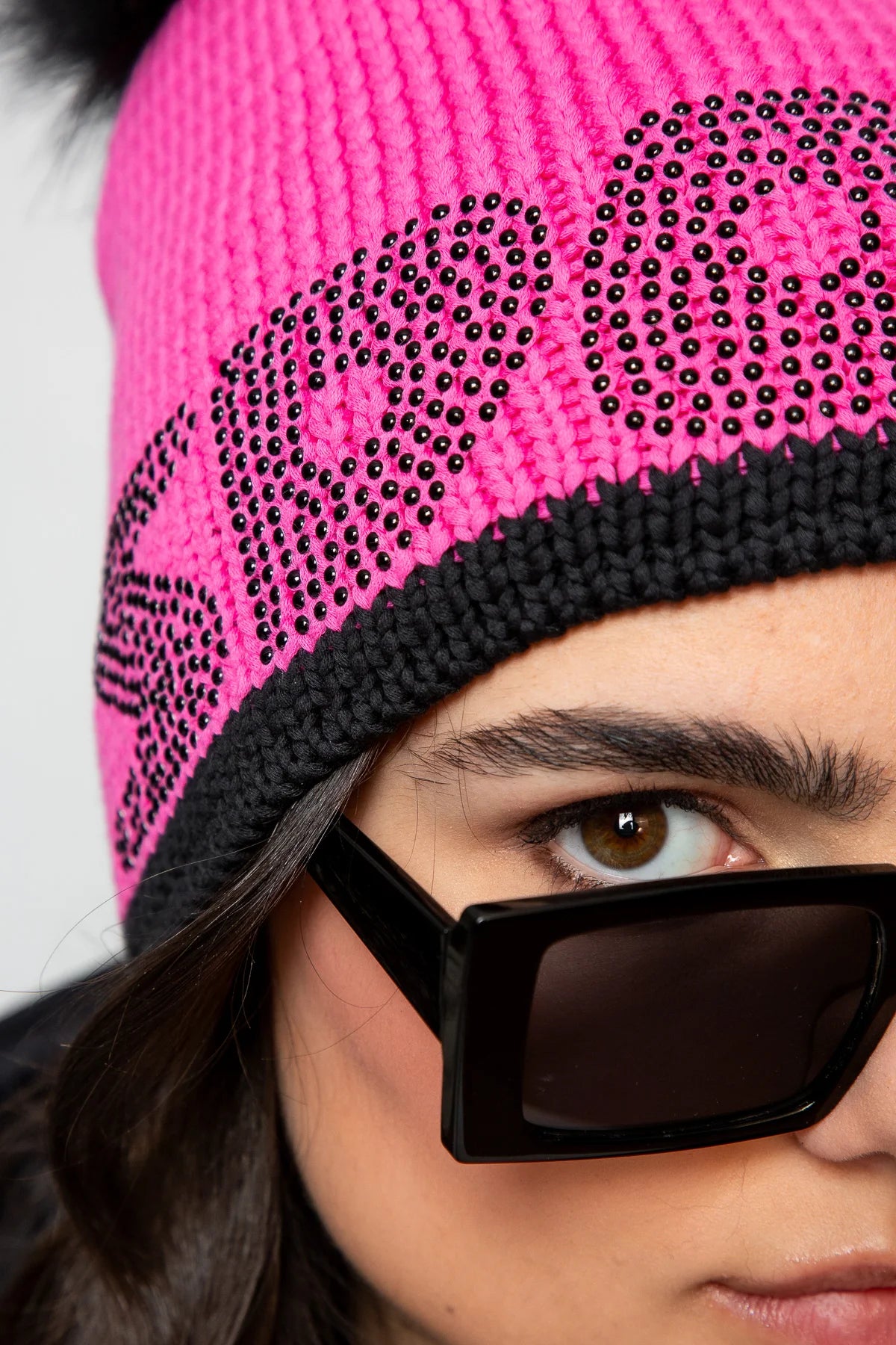 Coarse Knit Hat with Rhinestone Lettering