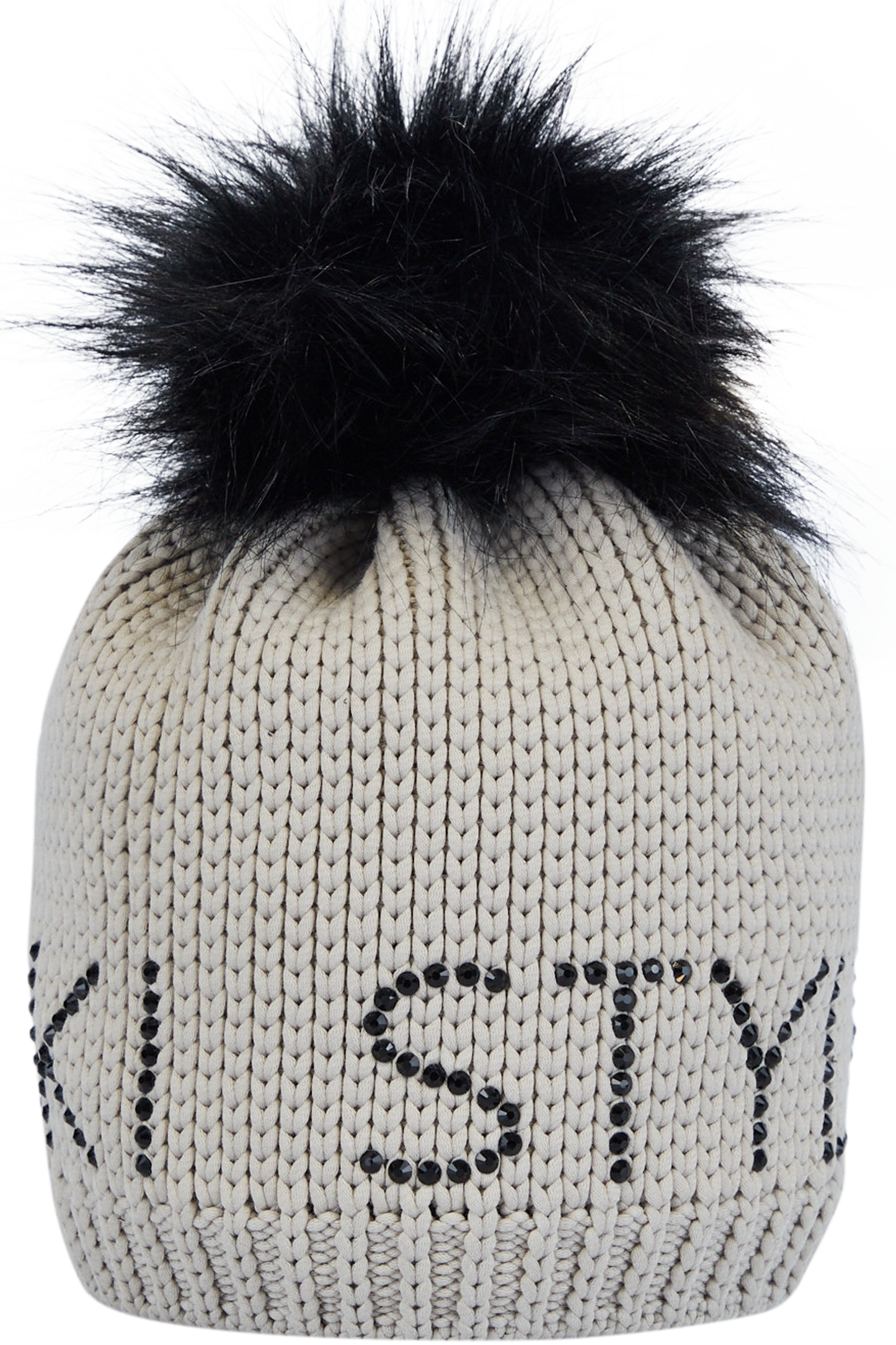 Coarse Knit Hat with Rhinestone Lettering