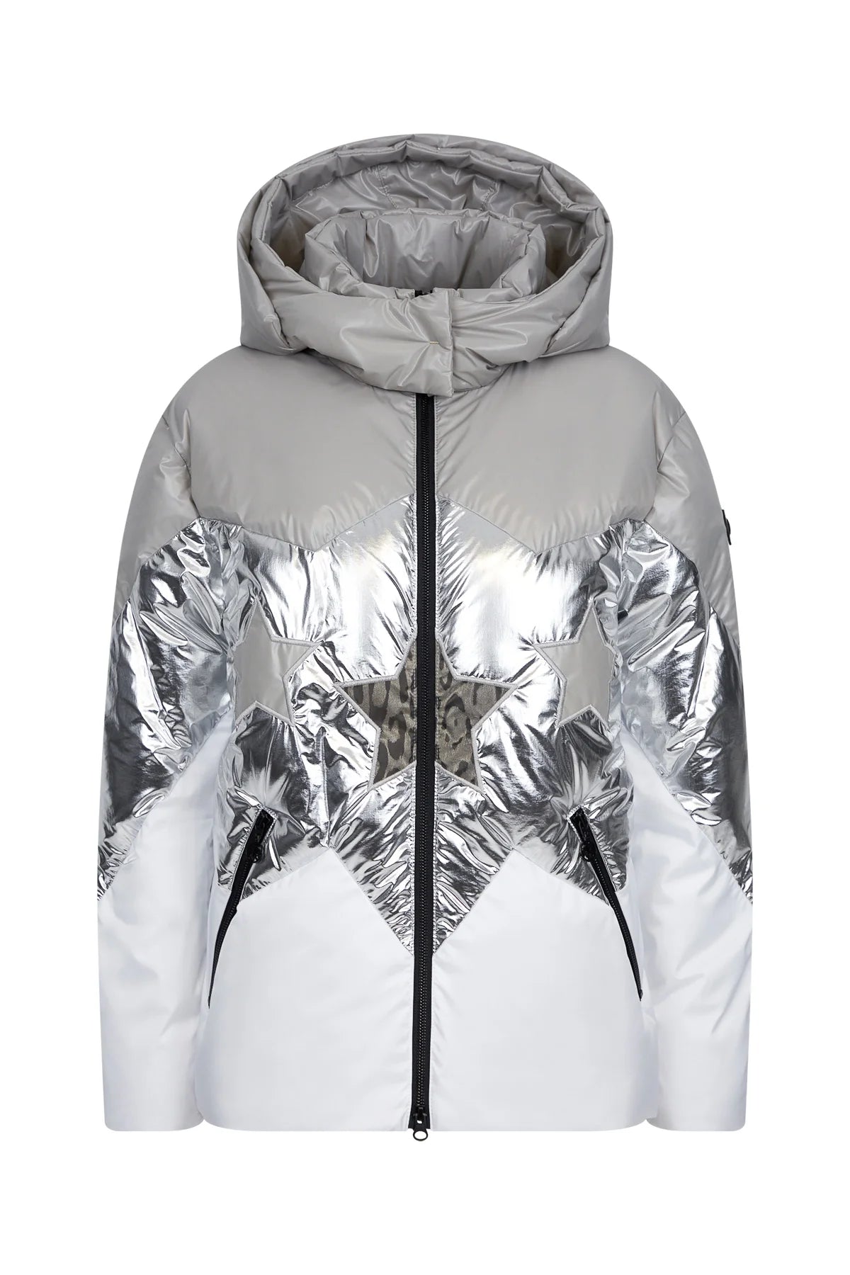 Colour-Block Down Jacket with Star Appliqués