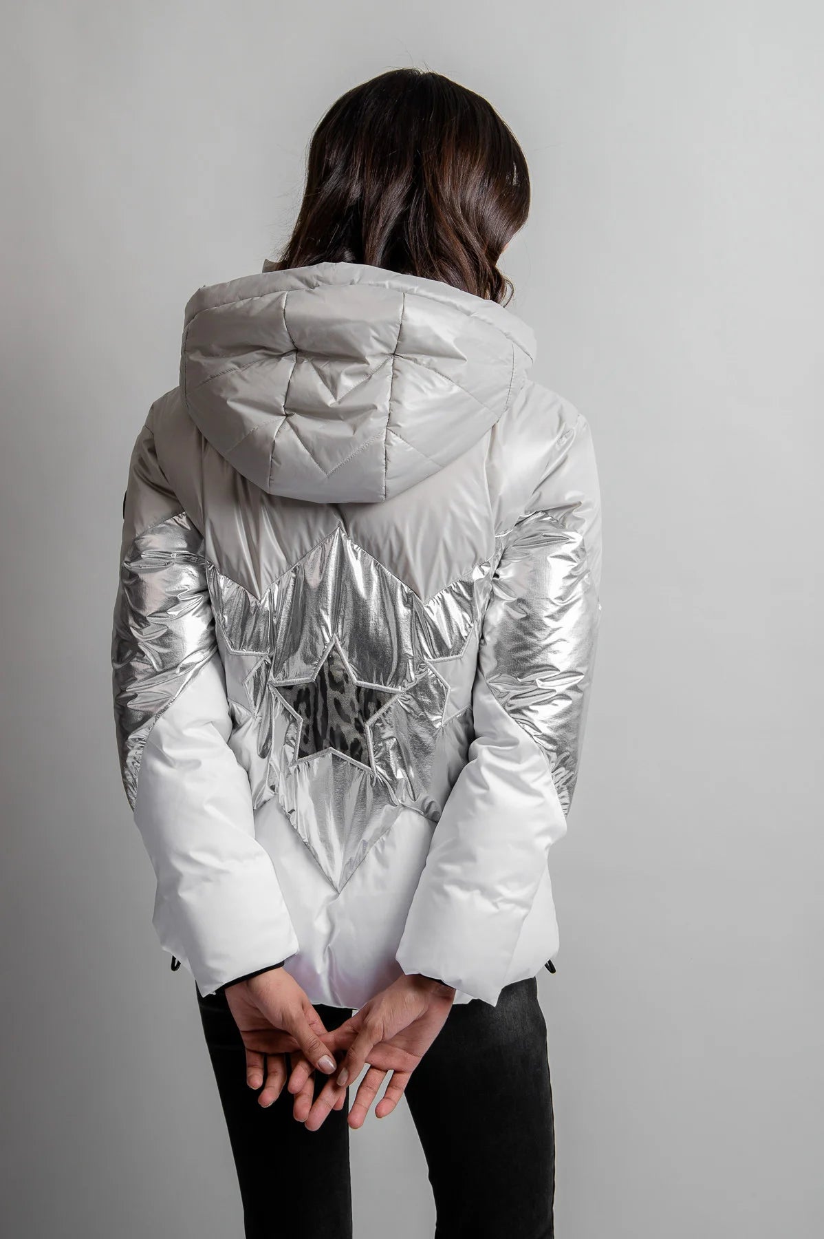 Colour-Block Down Jacket with Star Appliqués