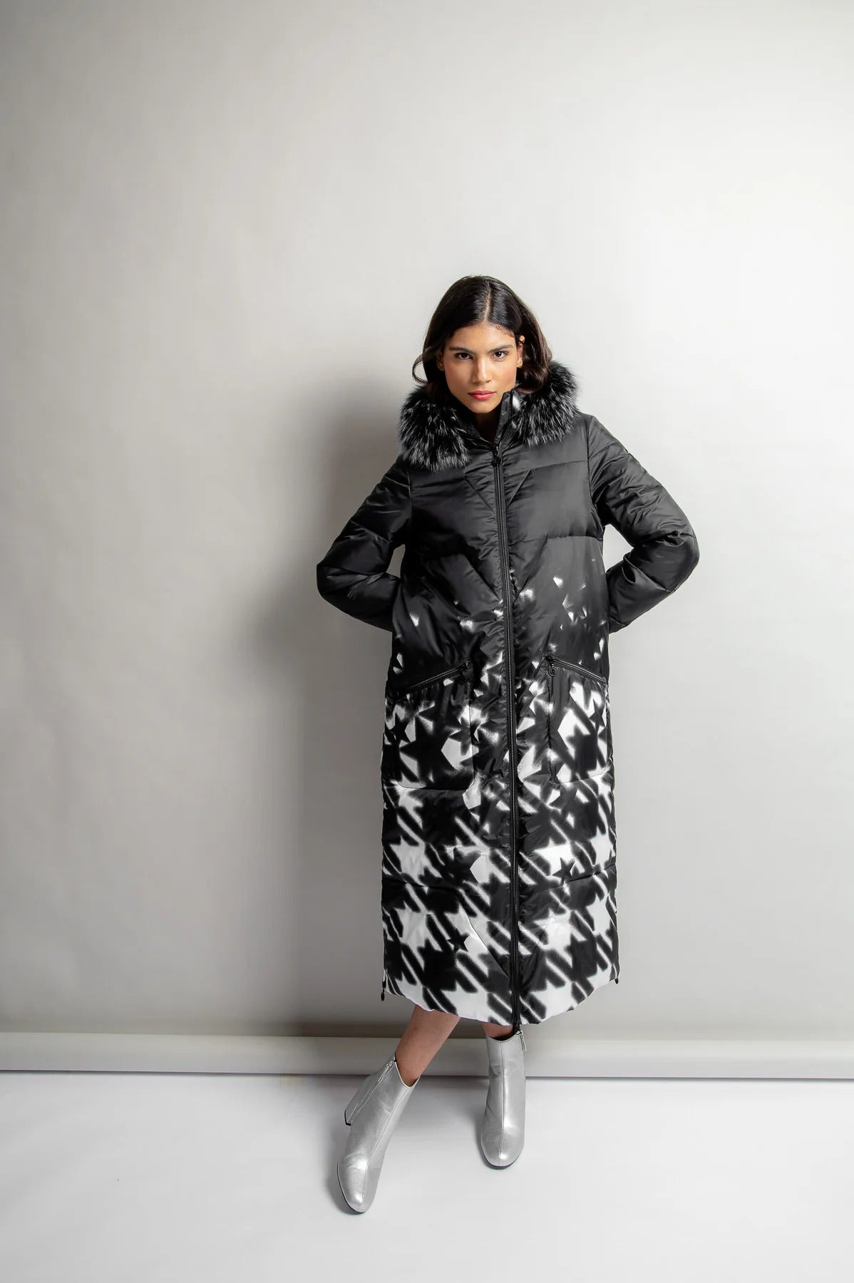 Coat with All-Over Houndstooth Print