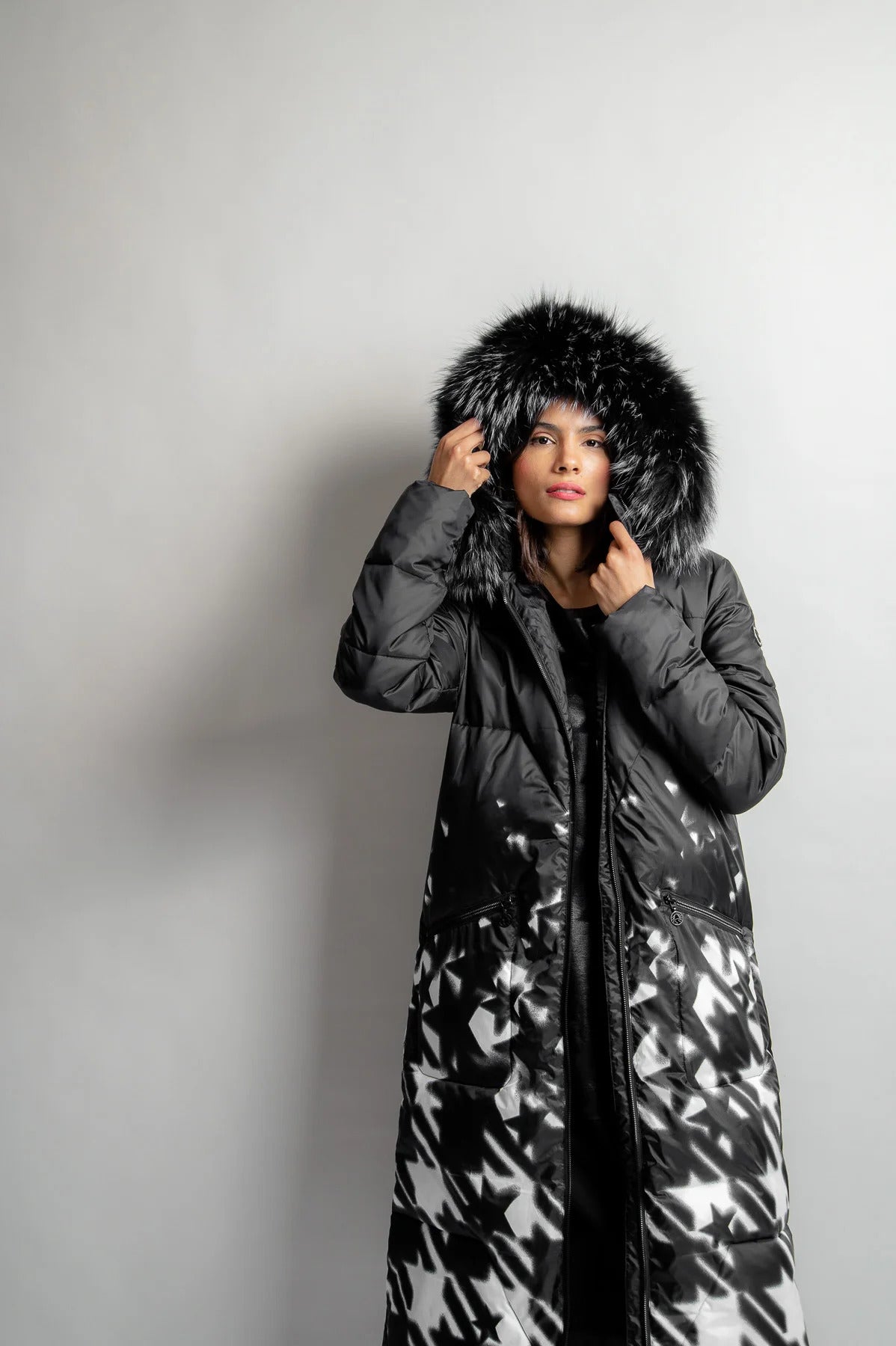 Coat with All-Over Houndstooth Print