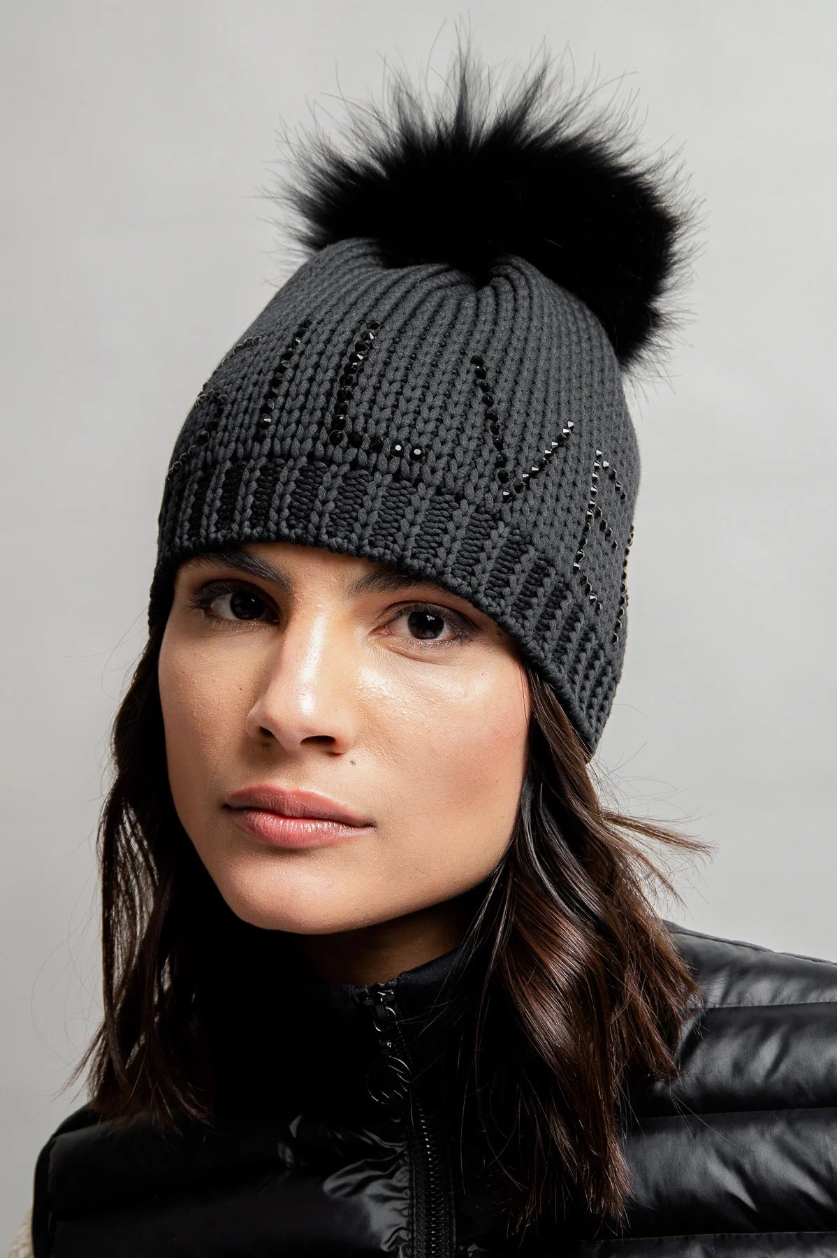 Coarse Knit Hat with Rhinestone Lettering