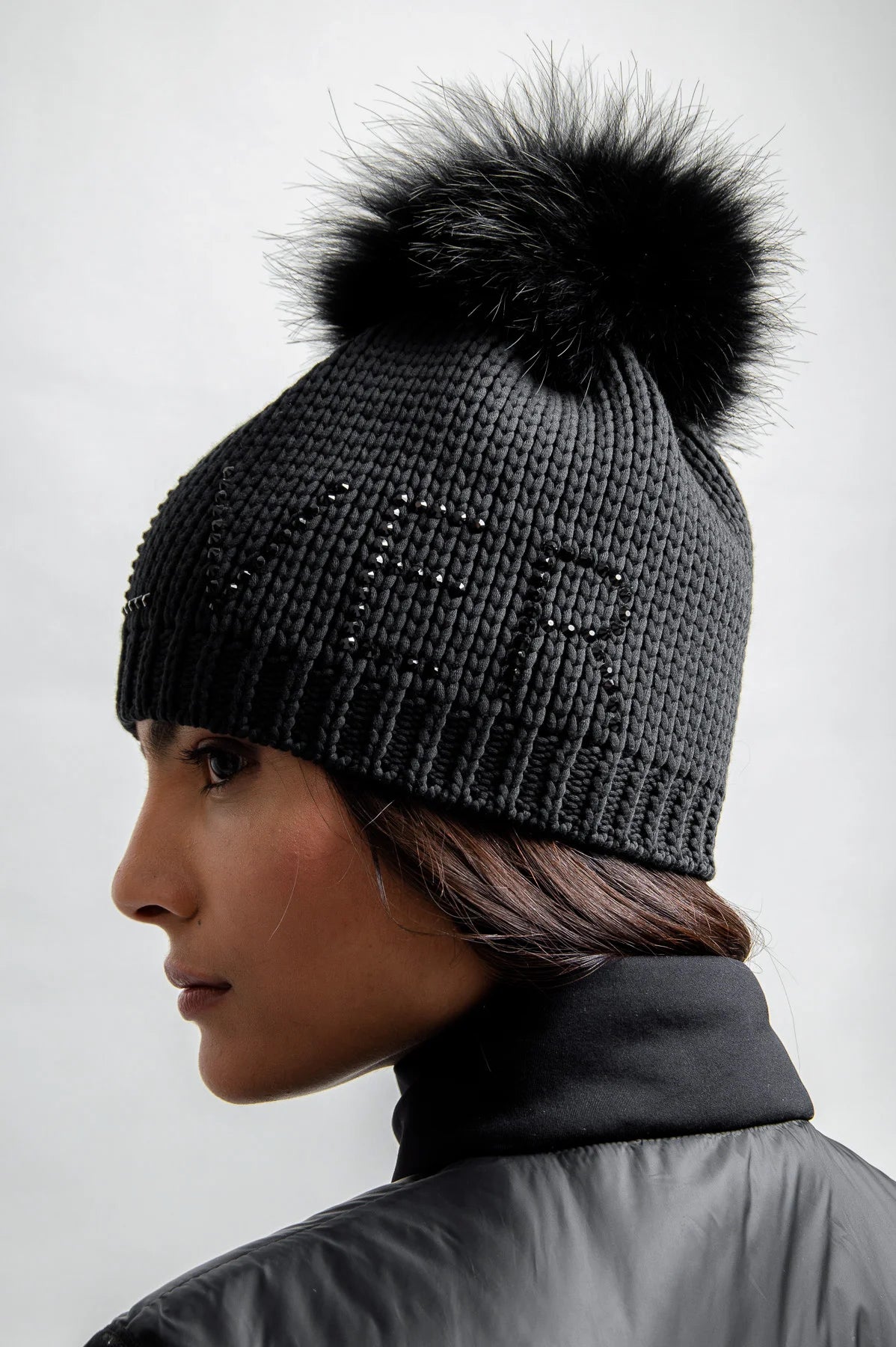 Coarse Knit Hat with Rhinestone Lettering