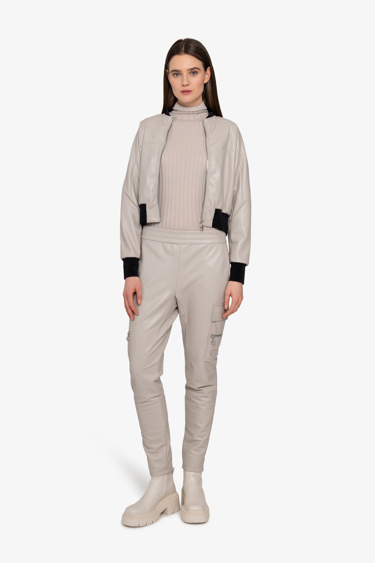 Faux Leather Jacket with Stand-up Collar