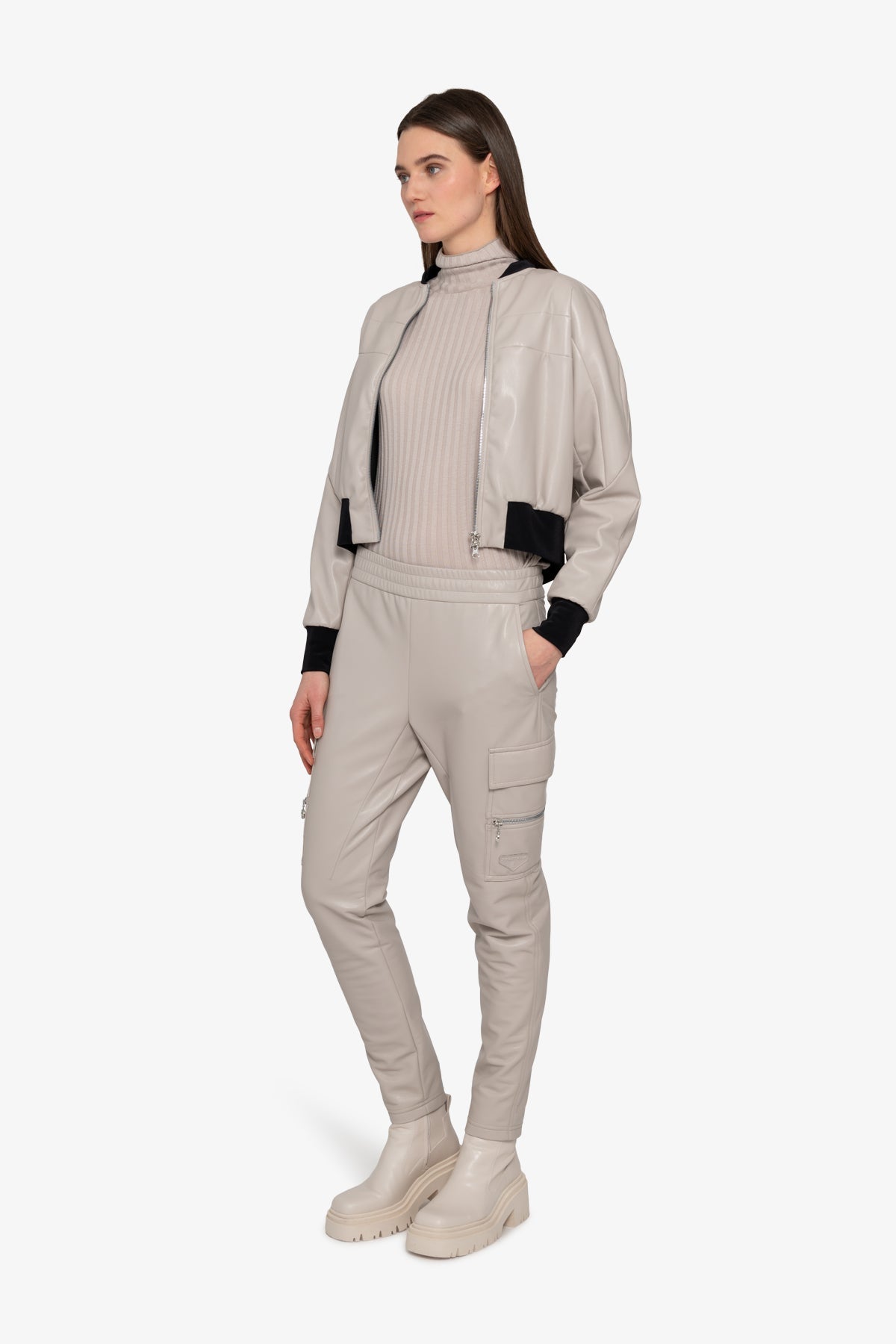Faux Leather Jacket with Stand-up Collar