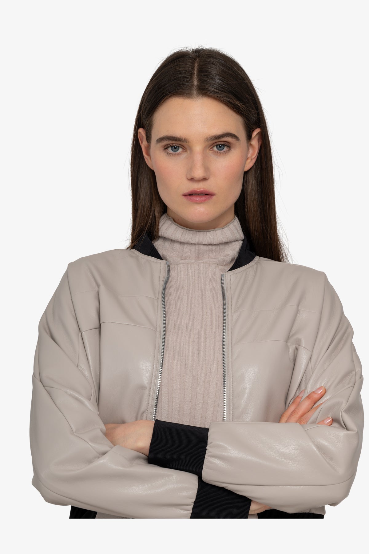 Faux Leather Jacket with Stand-up Collar