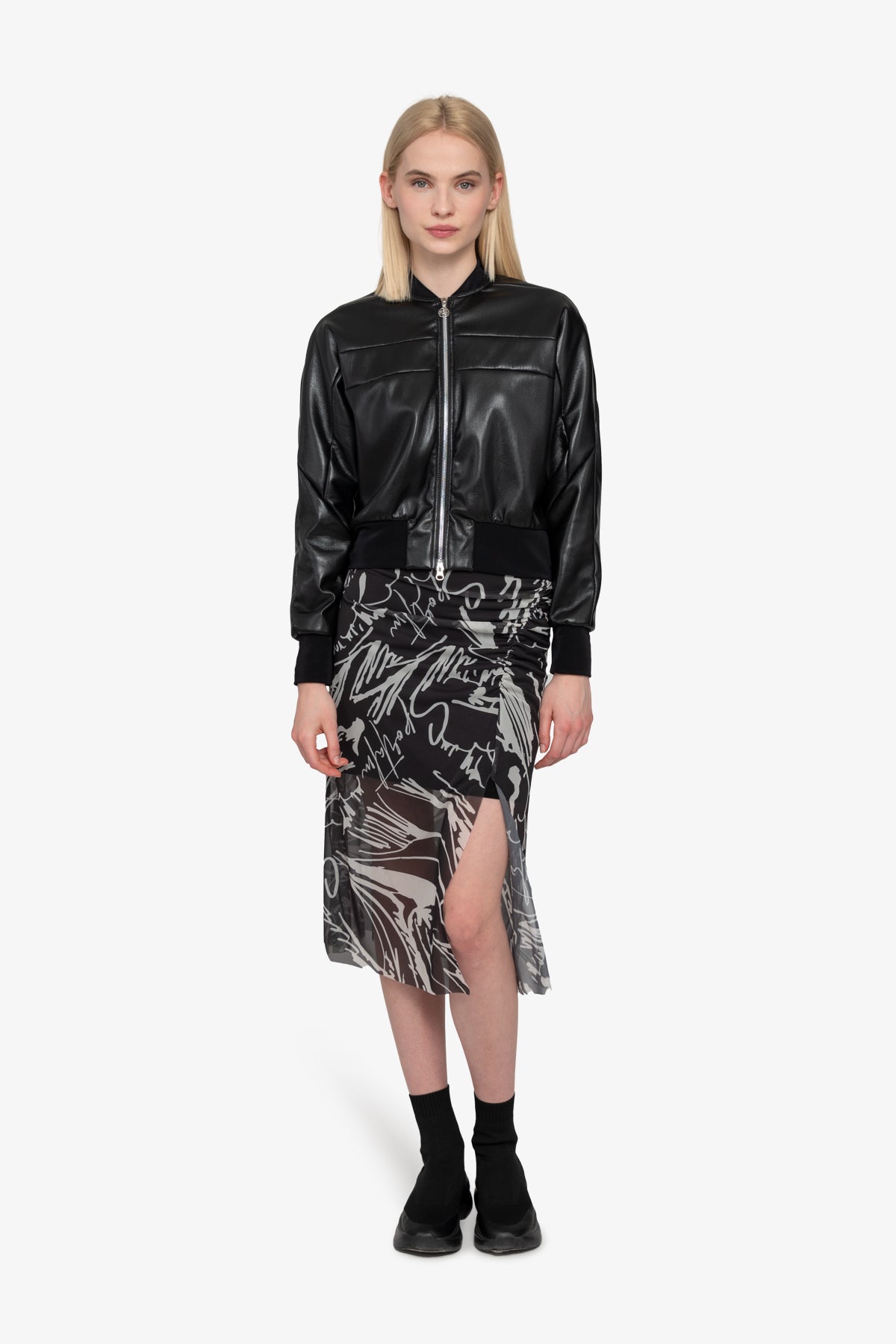 Faux Leather Jacket with Stand-up Collar