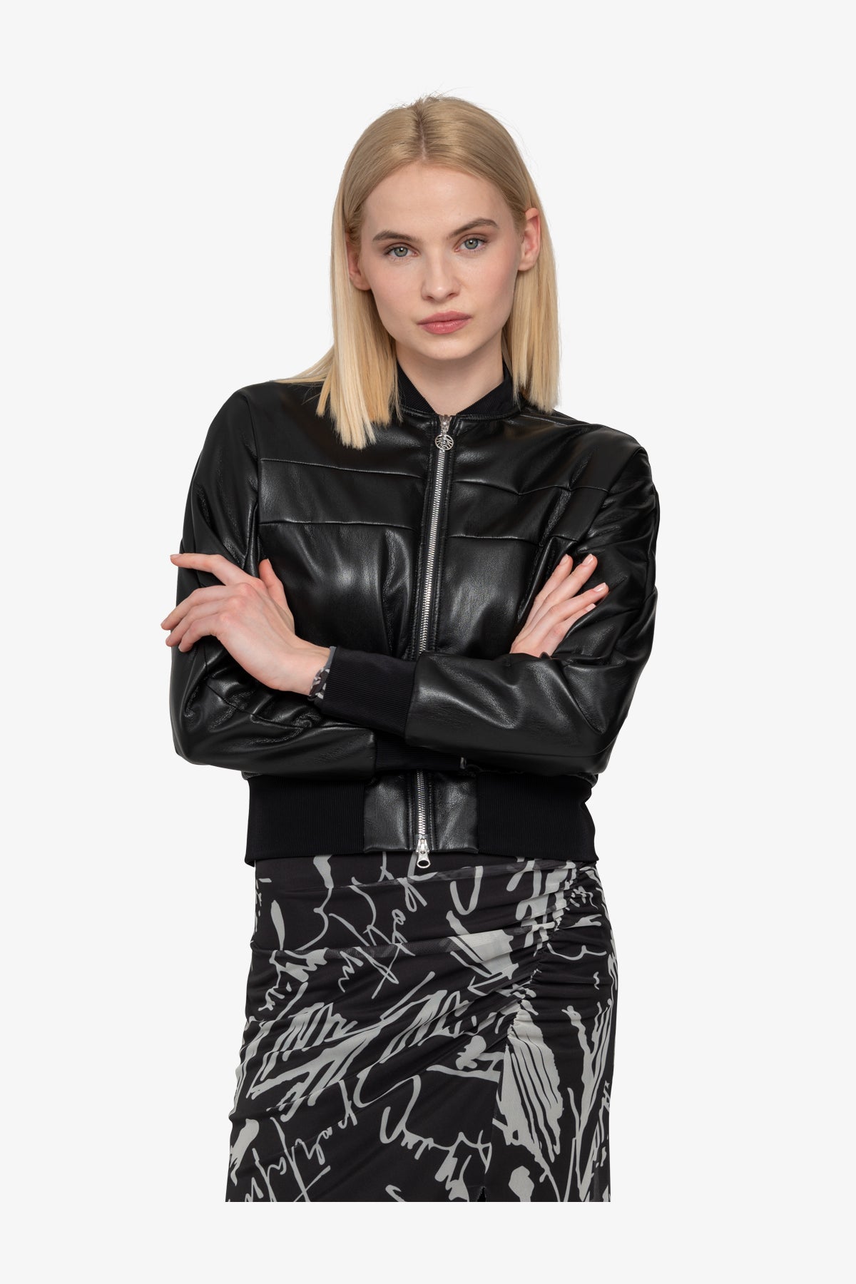 Faux Leather Jacket with Stand-up Collar