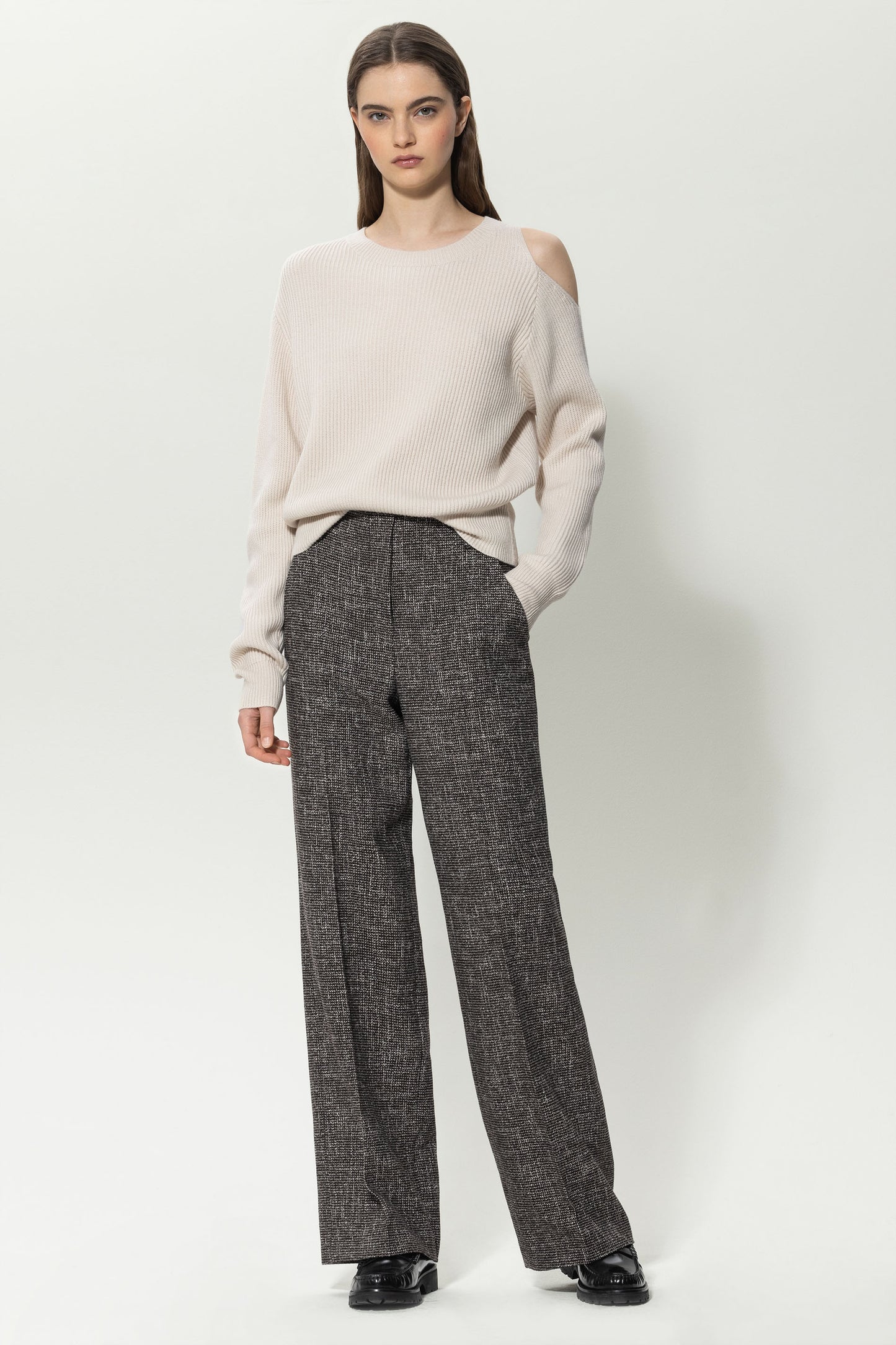 Knitted Sweater with A Cut-out on the Left Shoulder