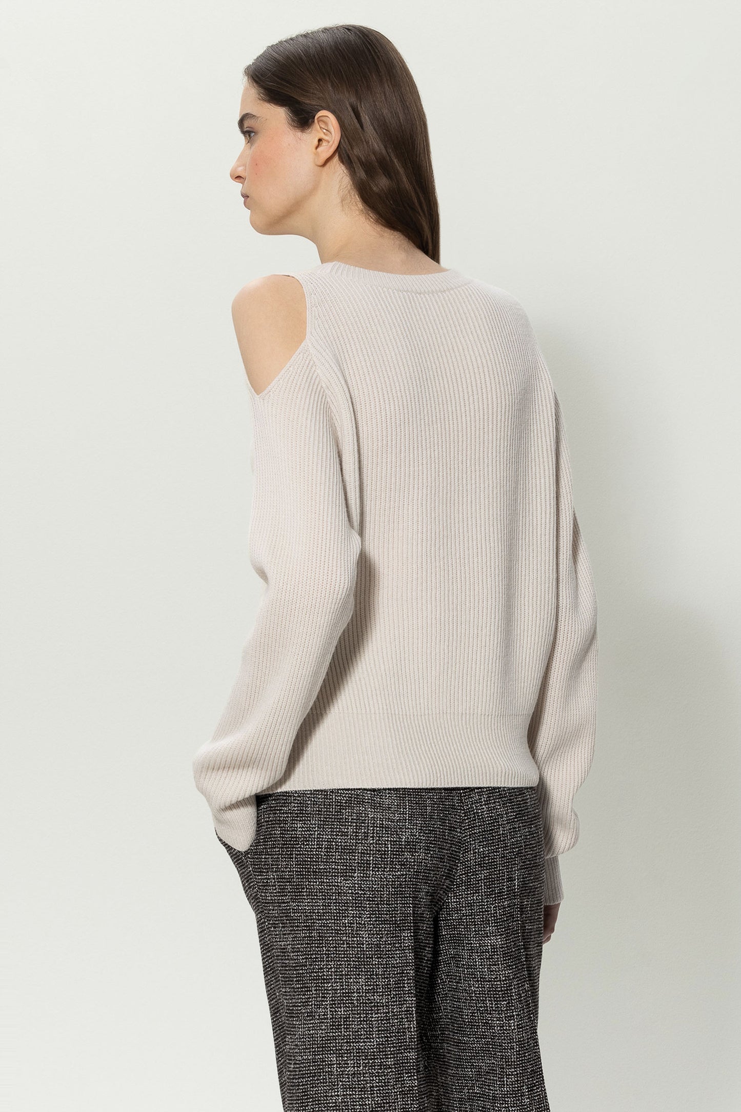 Knitted Sweater with A Cut-out on the Left Shoulder