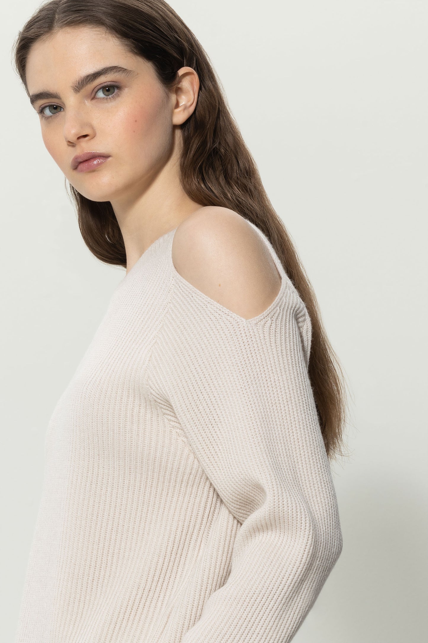 Knitted Sweater with A Cut-out on the Left Shoulder