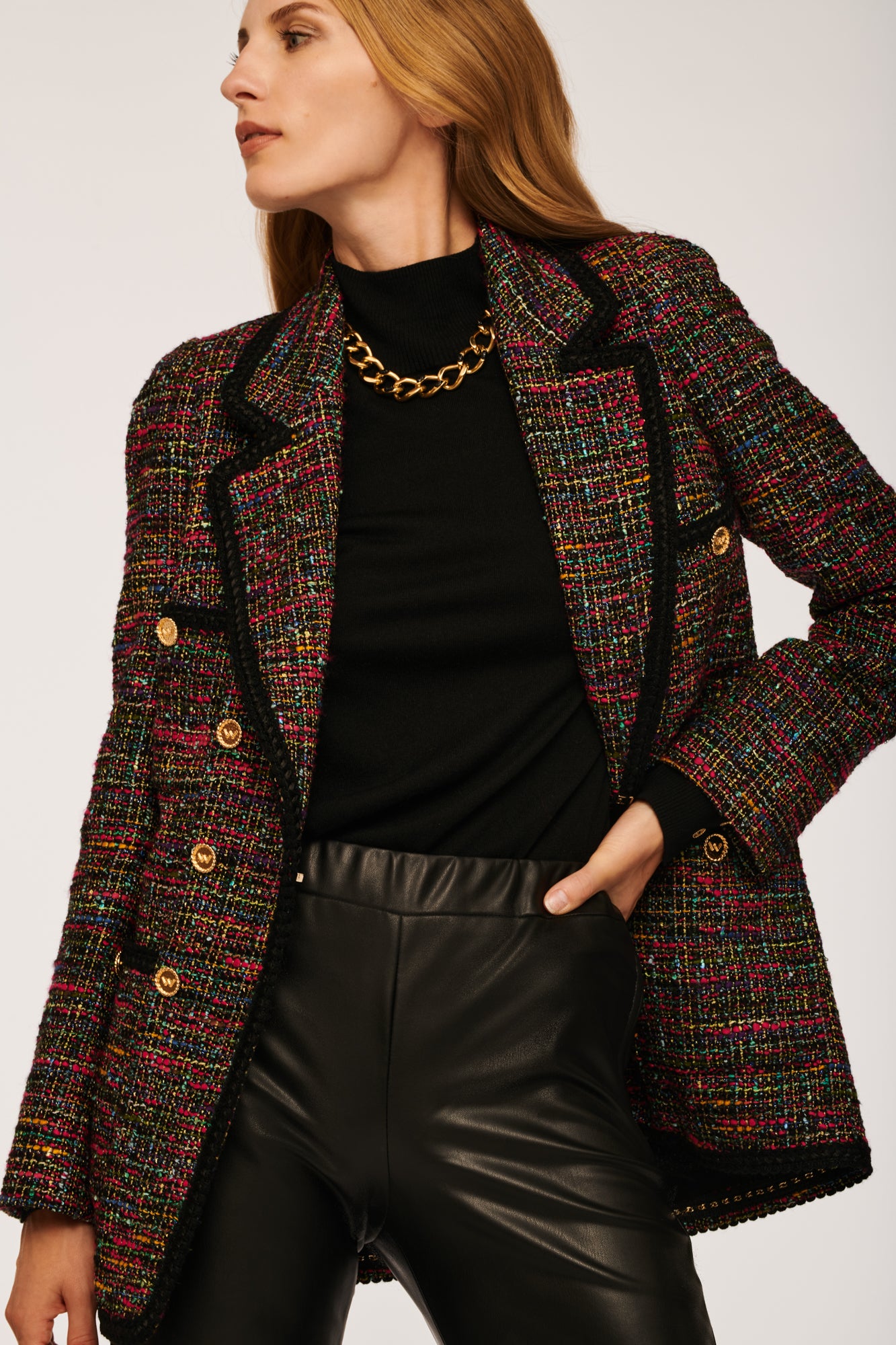 Tweed Blazer with Woven Gallon Decoration