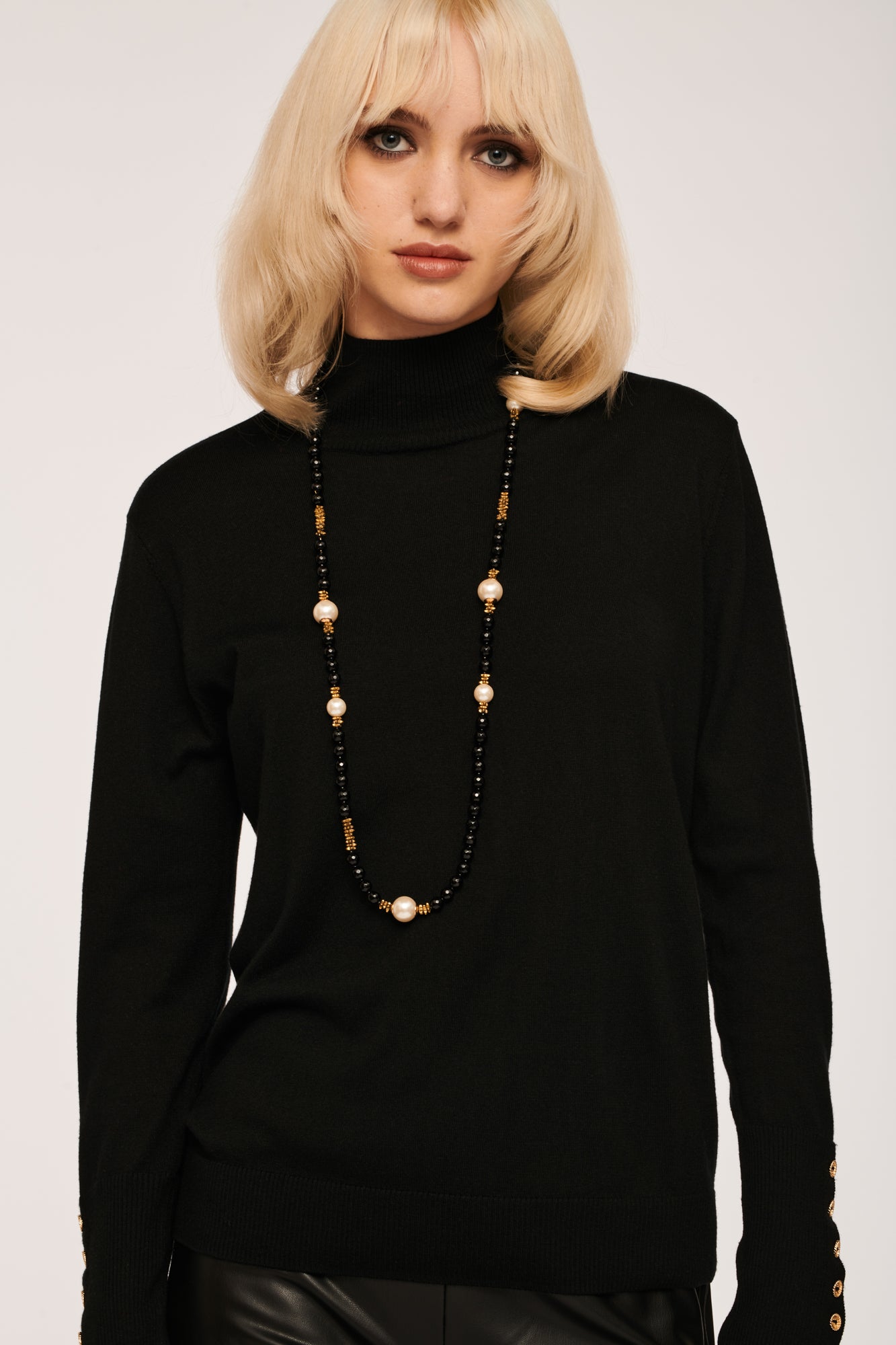 Black Beads and Pearls Long Necklace