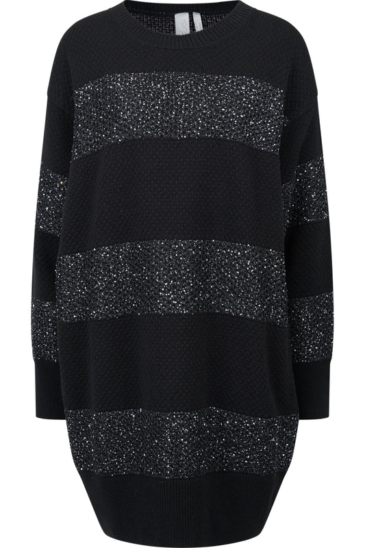 微閃粗眼針織條紋拼接長袖套頭衫