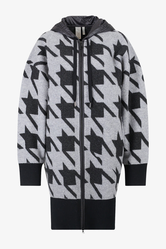 千格鳥圖案連帽拉鏈長款針織外套