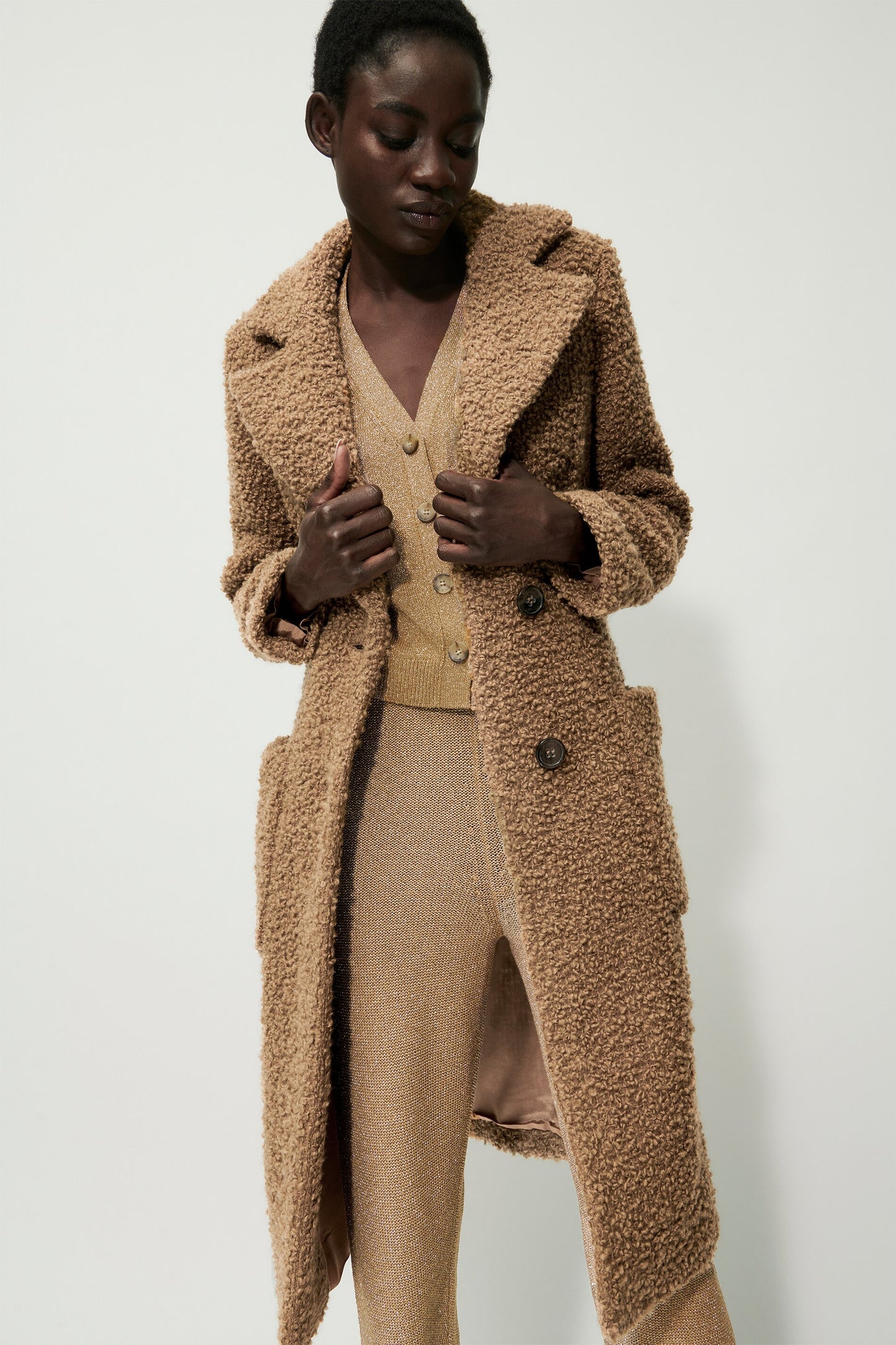 Long coat in luxurious bouclé wool