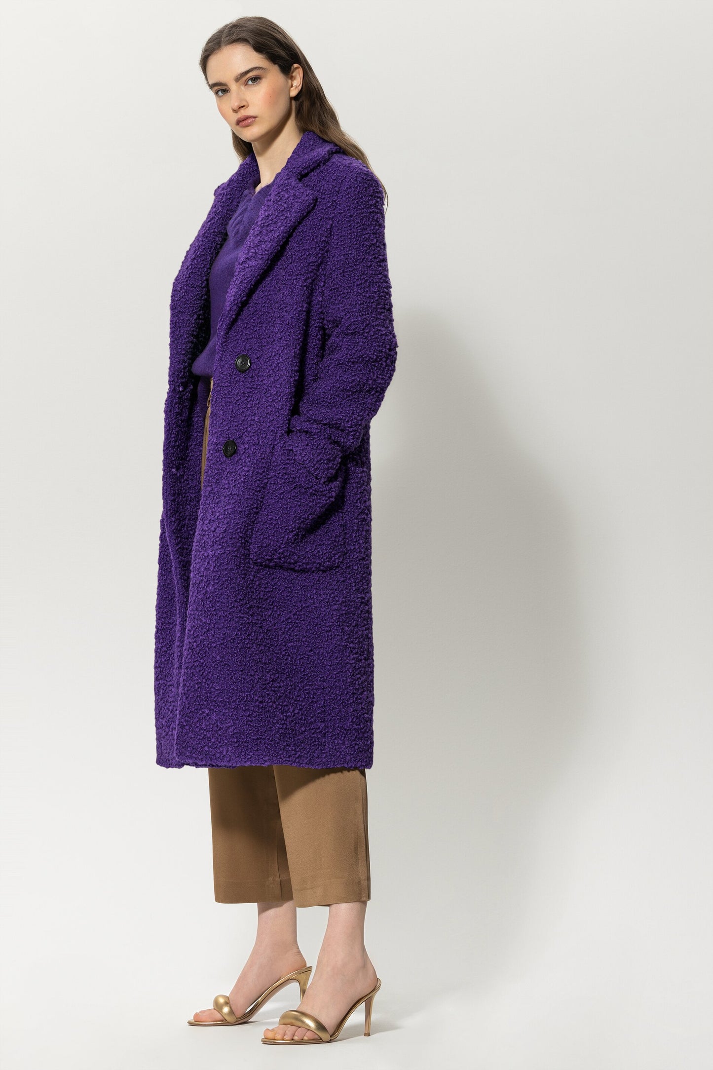 Long coat in luxurious bouclé wool