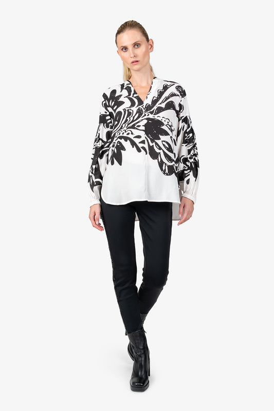 渦旋紋印花V型小立領休閒上衣