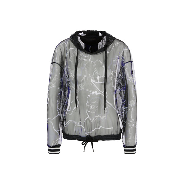 Printed top with hood in mesh fabric