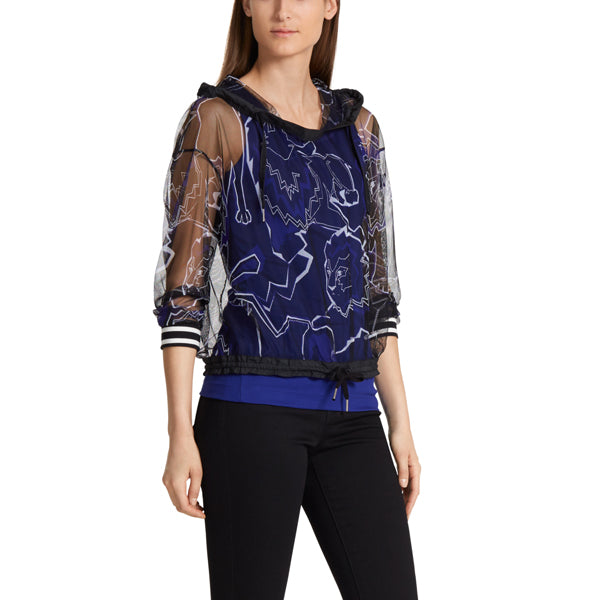 Printed top with hood in mesh fabric