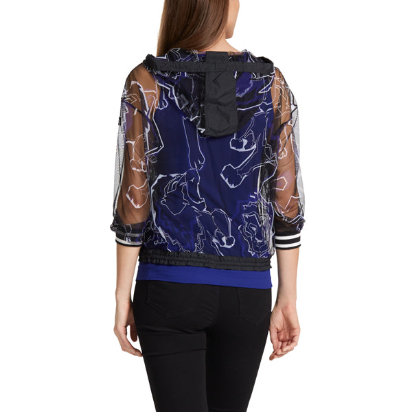 Printed top with hood in mesh fabric