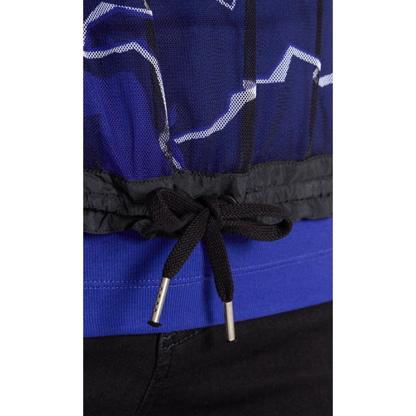 Printed top with hood in mesh fabric