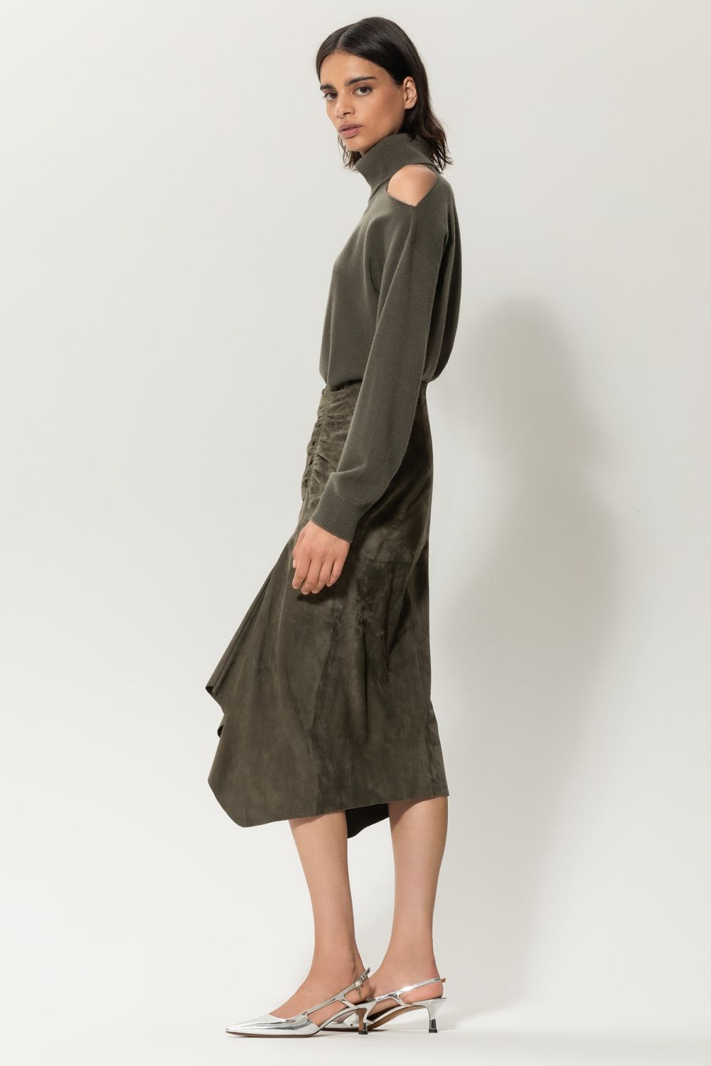 Suede Midi Skirt with ruffles