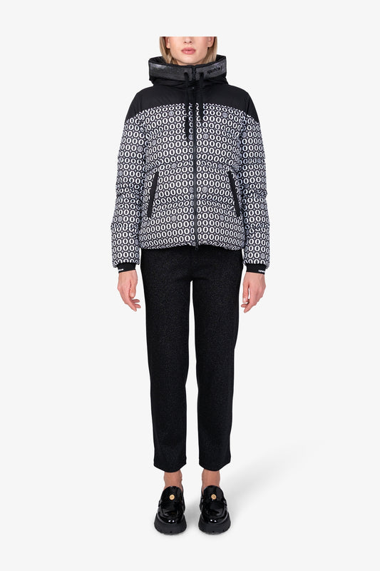 幾何圖案抽繩連帽羽絨服