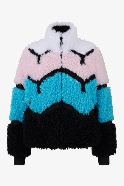 撞色條紋拼接仿皮草夾克