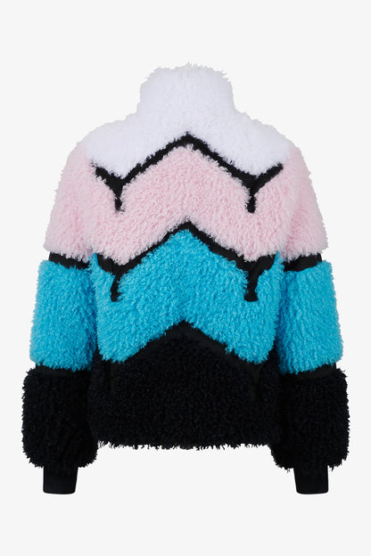 撞色條紋拼接仿皮草夾克