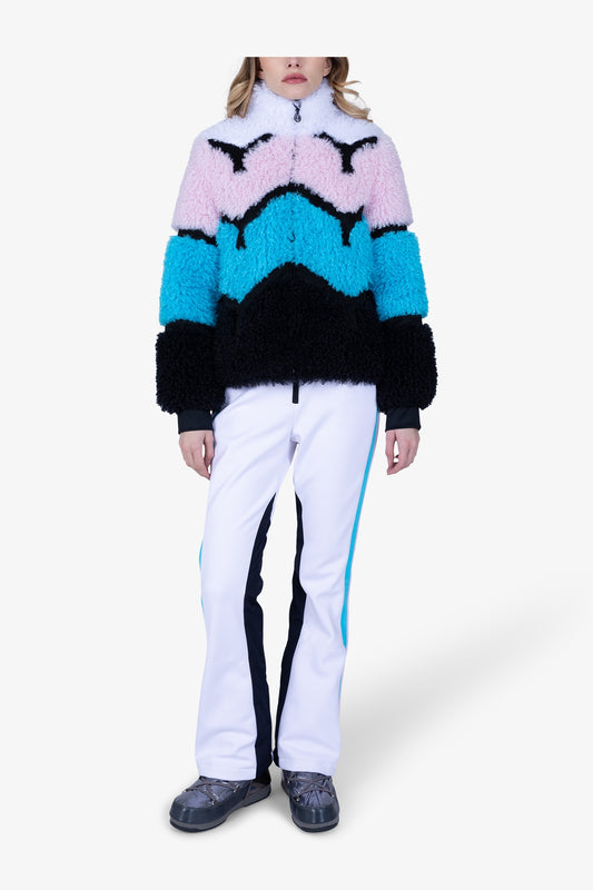 撞色條紋拼接仿皮草夾克