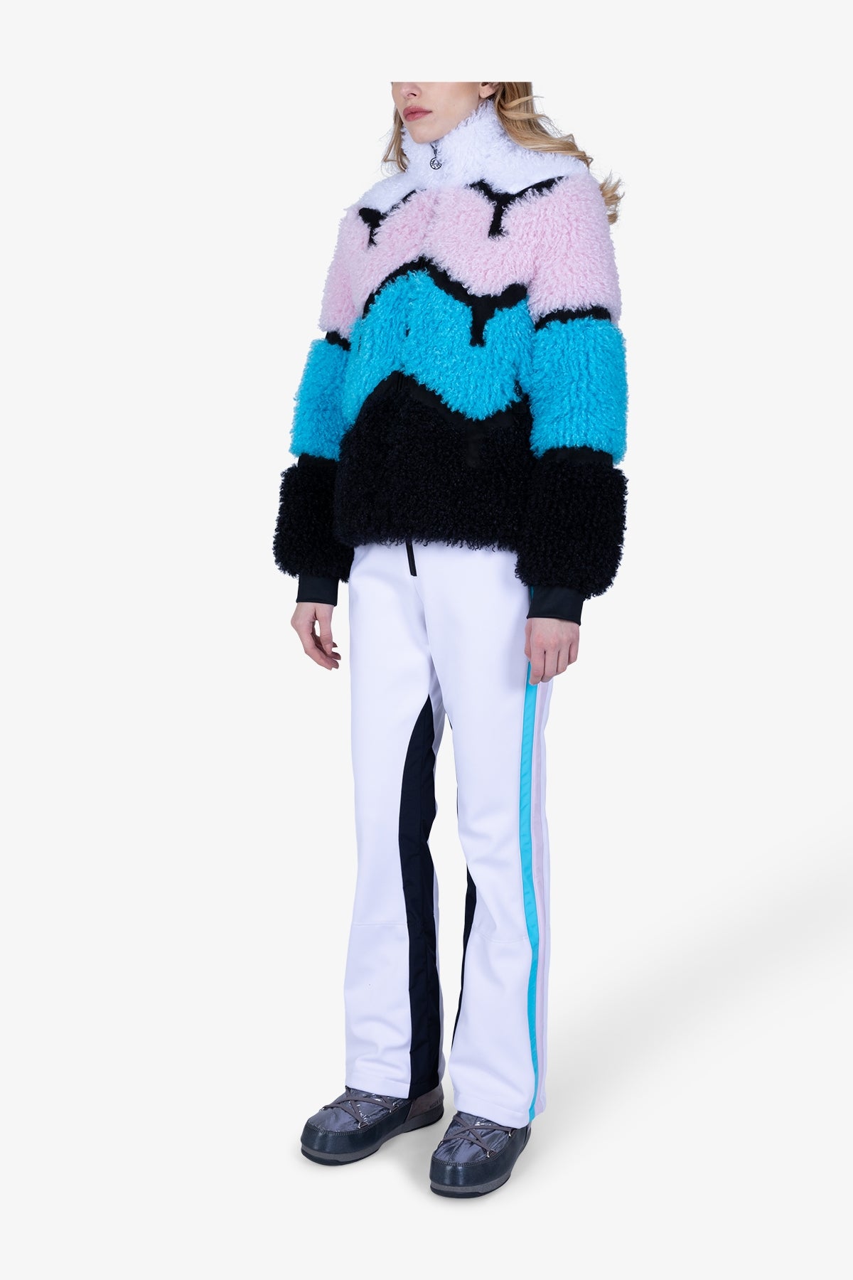 撞色條紋拼接仿皮草夾克