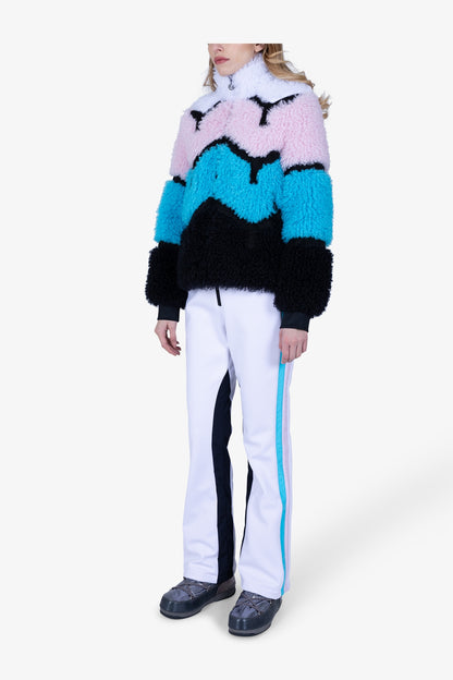 撞色條紋拼接仿皮草夾克