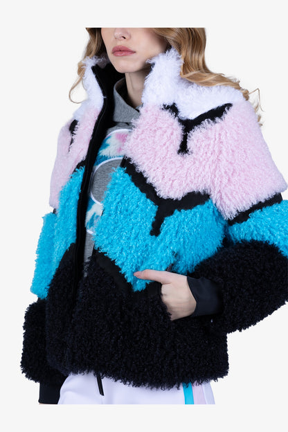 撞色條紋拼接仿皮草夾克