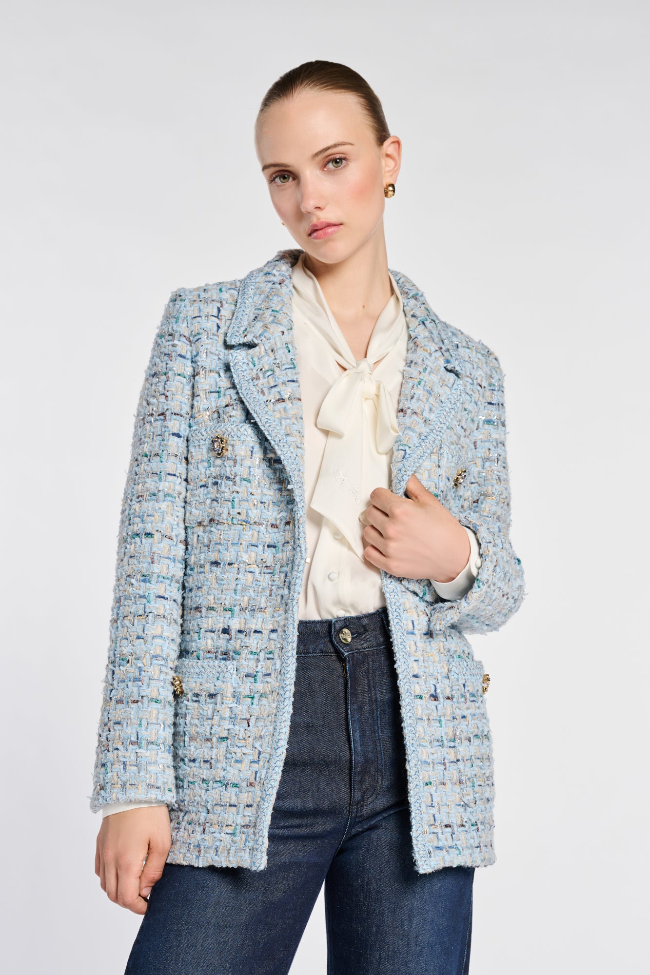 Pastel Tweed Blazer with Braiding