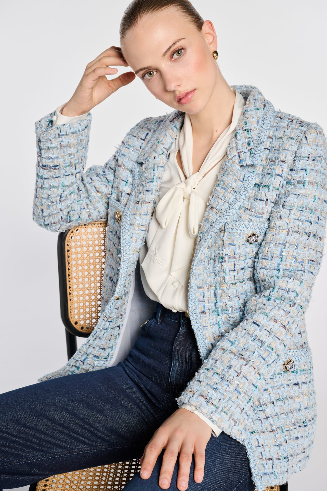 Pastel Tweed Blazer with Braiding