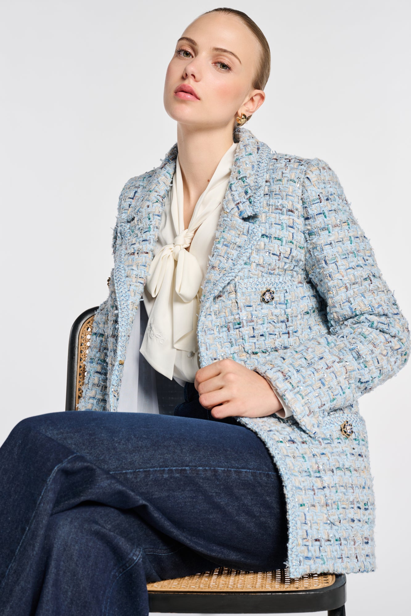 Pastel Tweed Blazer with Braiding