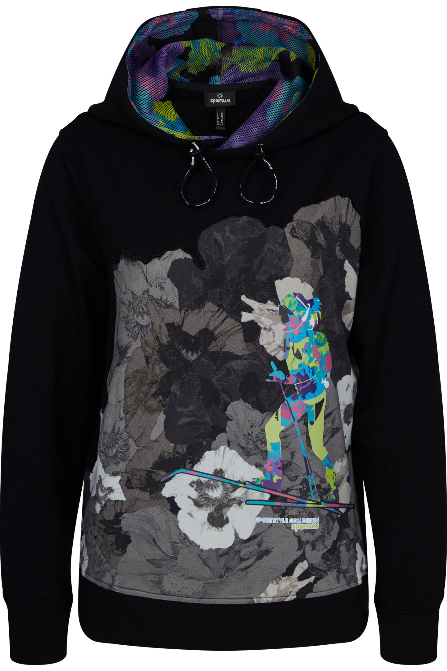 Sweatshirt with Grey Tone Floral Print and Colorful Skiers Print