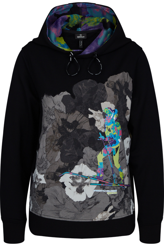 Sweatshirt with Grey Tone Floral Print and Colorful Skiers Print