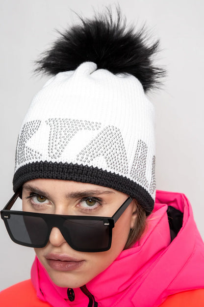 Coarse Knit Hat with Rhinestone Lettering