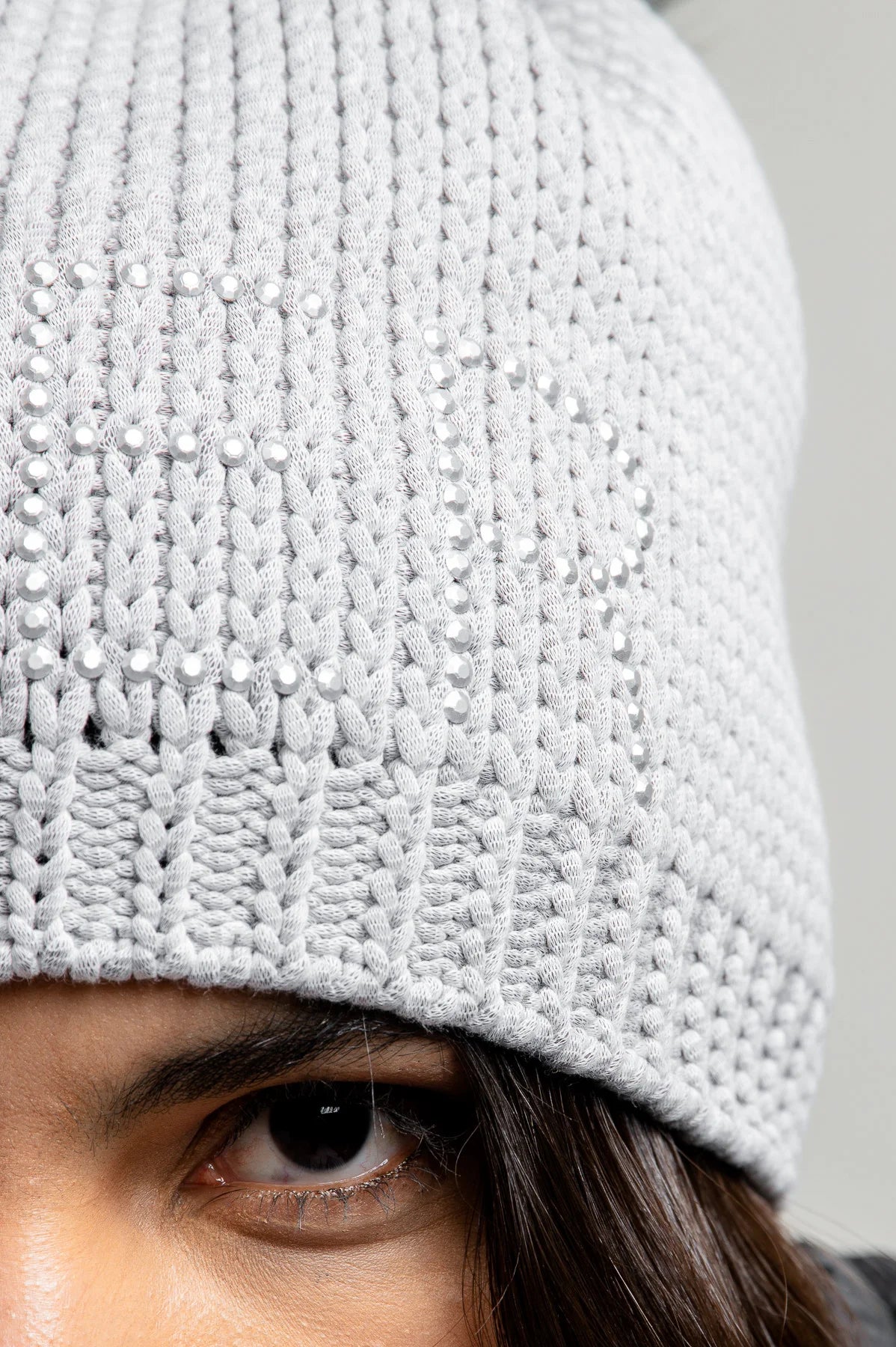 Coarse Knit Hat with Rhinestone Lettering