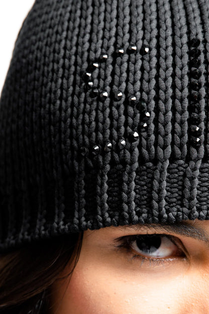 Coarse Knit Hat with Rhinestone Lettering