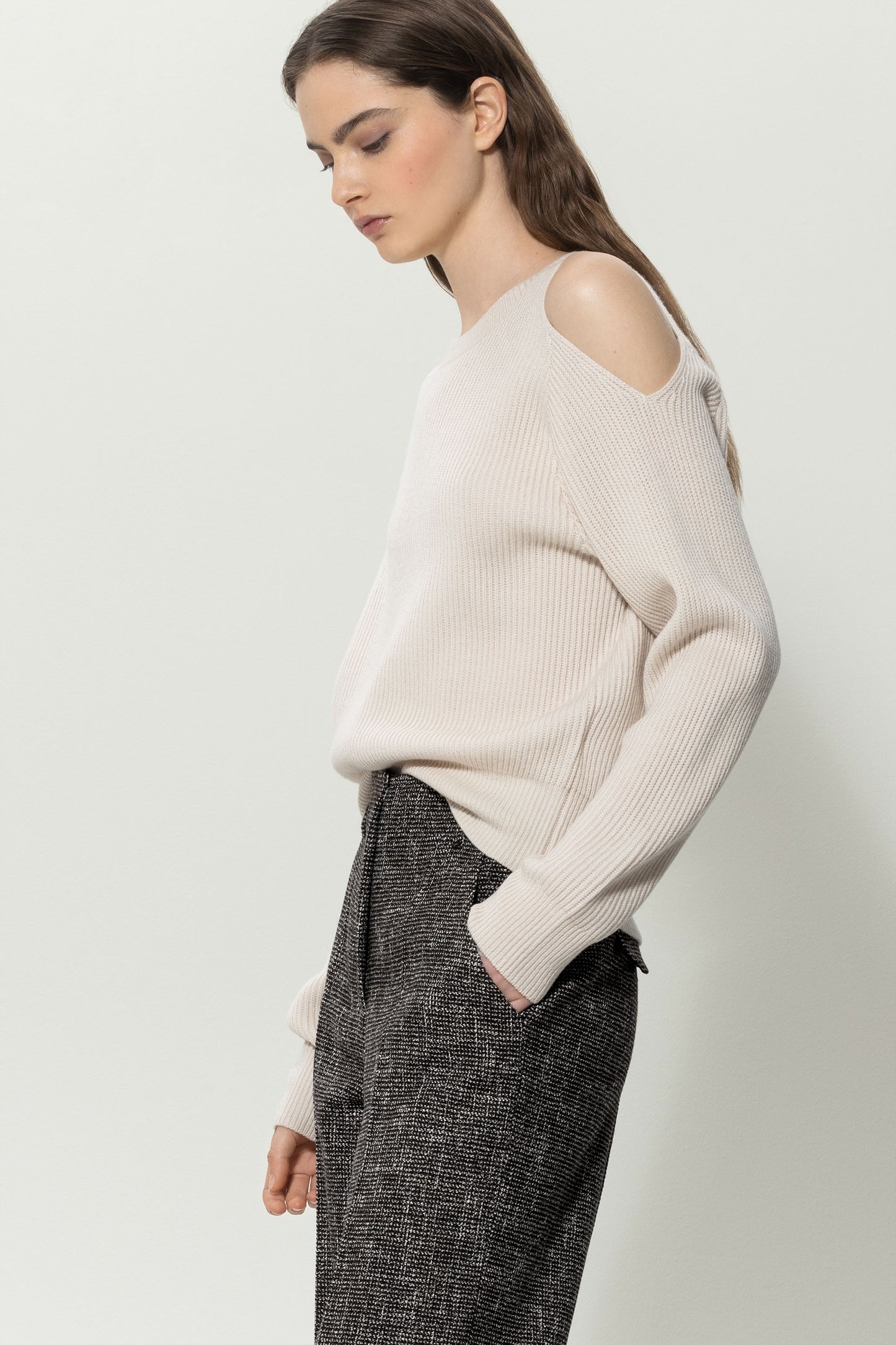 Knitted Sweater with A Cut-out on the Left Shoulder